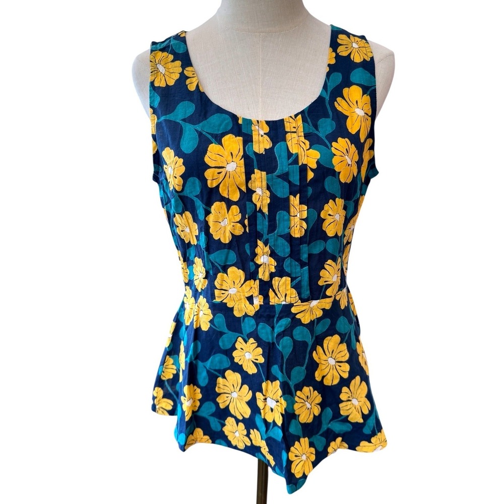 Mata Traders Womens Medium Blue Yellow Floral‎ Cotton Peplum Sleeveless Top